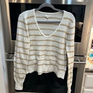 Aerie Cream and Tan Striped Crew Neck Sweater